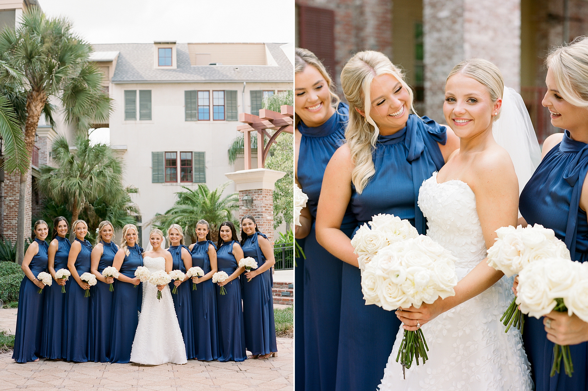 bridesmaid in one-shouldered blue dress smile at bride holding bouquet of ivory flowers 