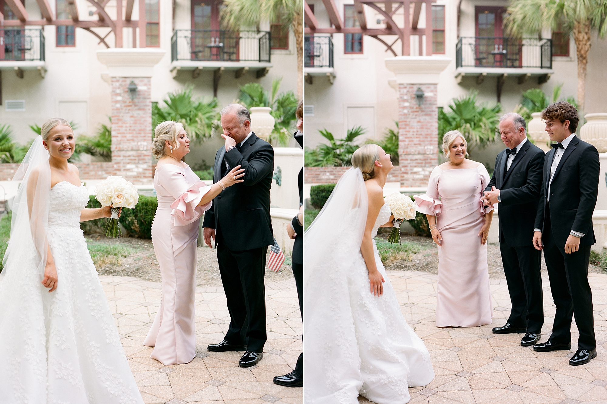 bride has first look with parents and brother on morning of Lafayette LA wedding day
