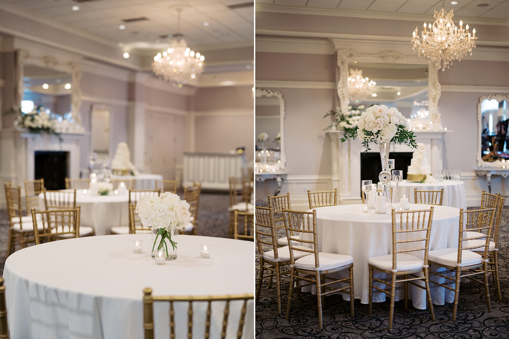 wedding reception tables with white flowers and glass vases holding candles 