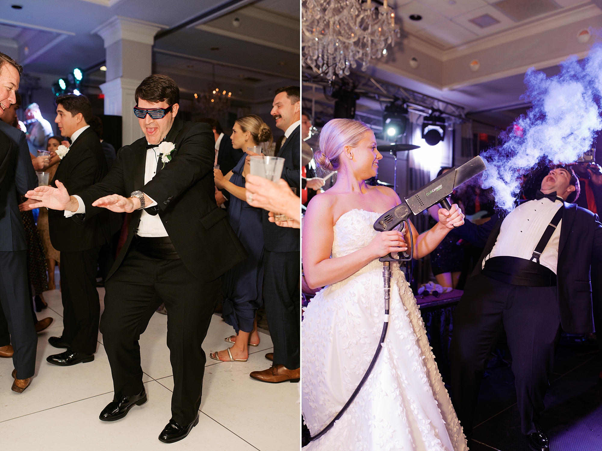 bride uses smoke machine on dance floor during wedding reception at City Club at River Ranch