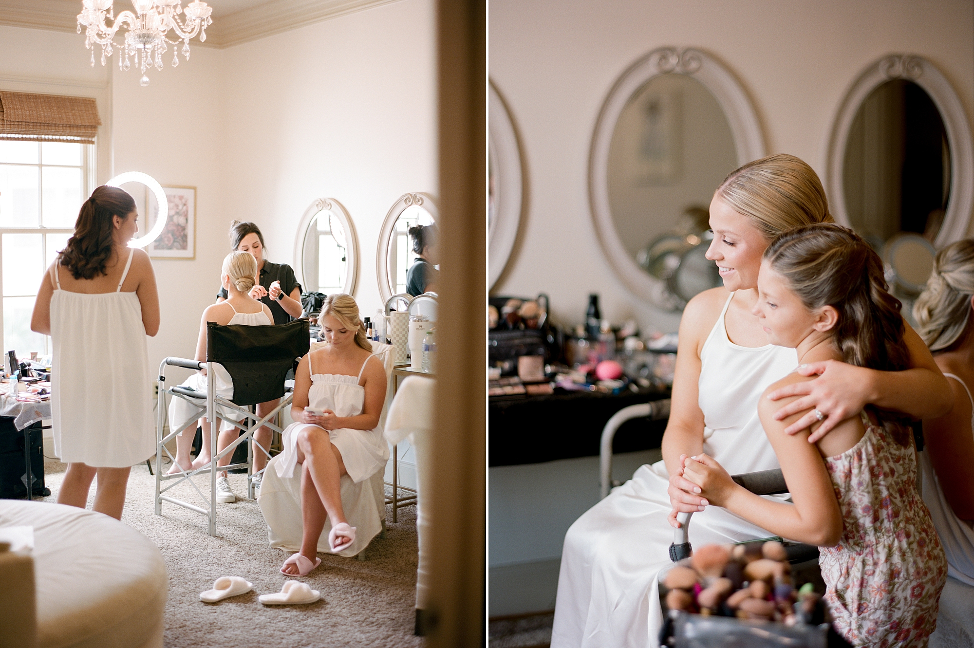 bride prepares for wedding day with makeup artist and niece