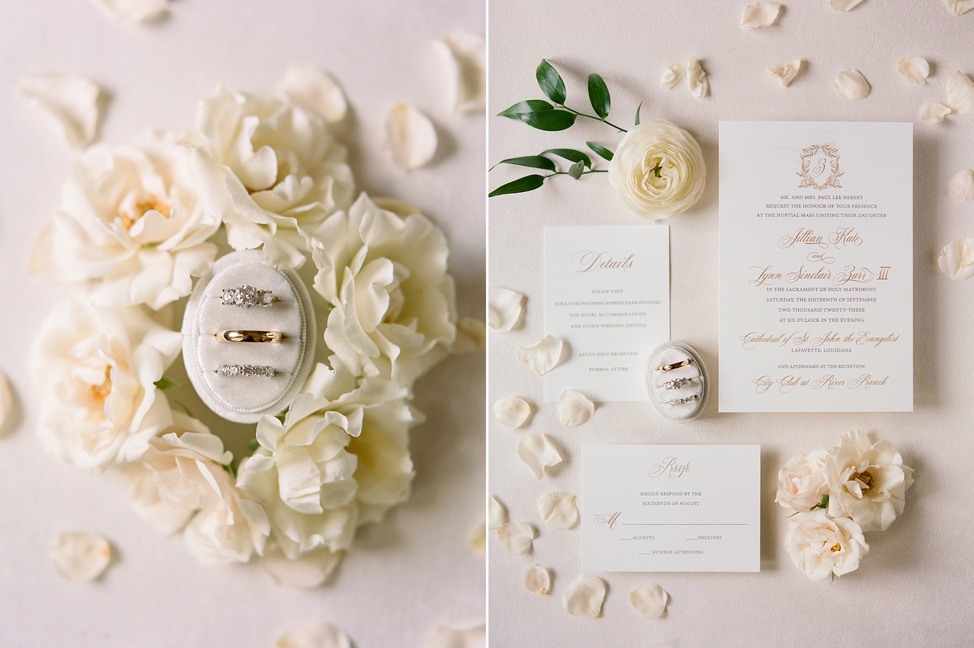 elegant ivory and gold invitation suite with wedding rings in white flowers 