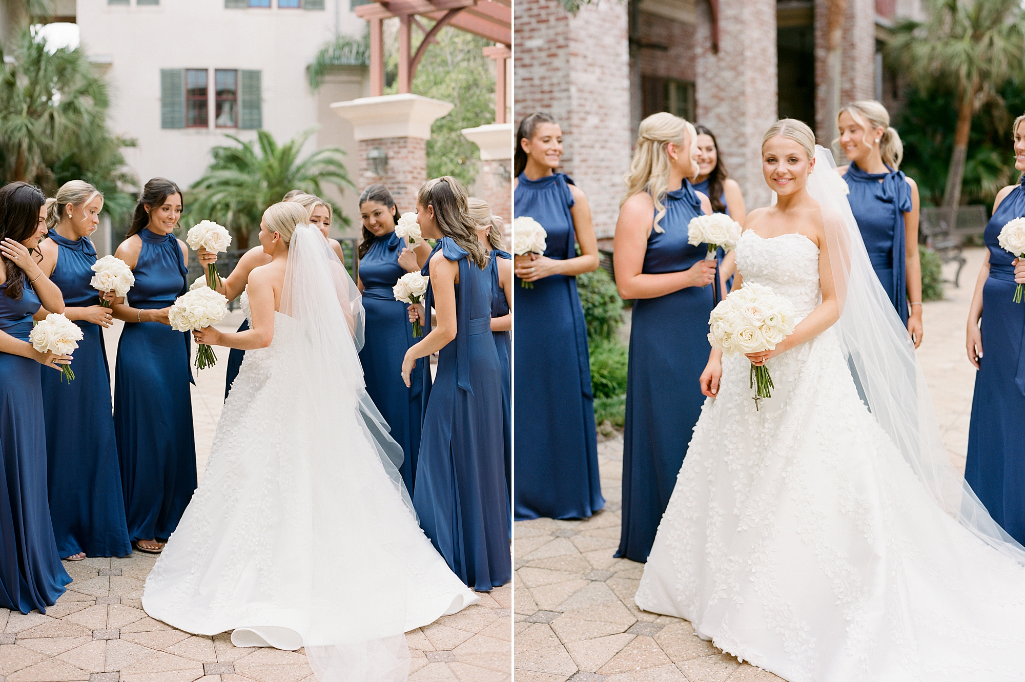 bride shows off wedding dress to bridesmaids in blue gowns 
