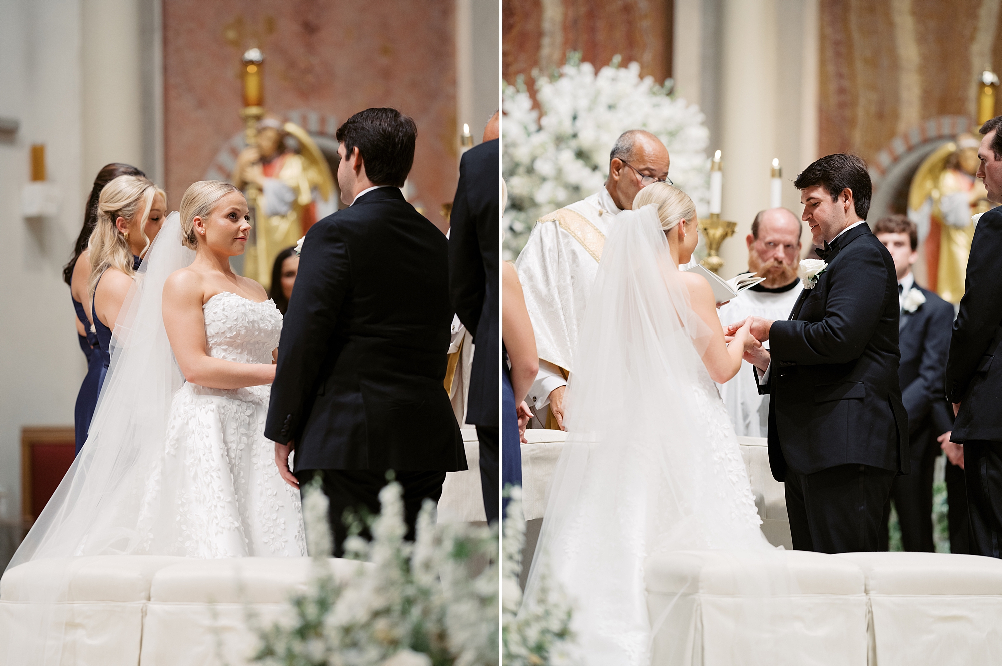 bride and groom hold hands exchanging vows during traditional Catholic wedding ceremony at St. John's Cathedral