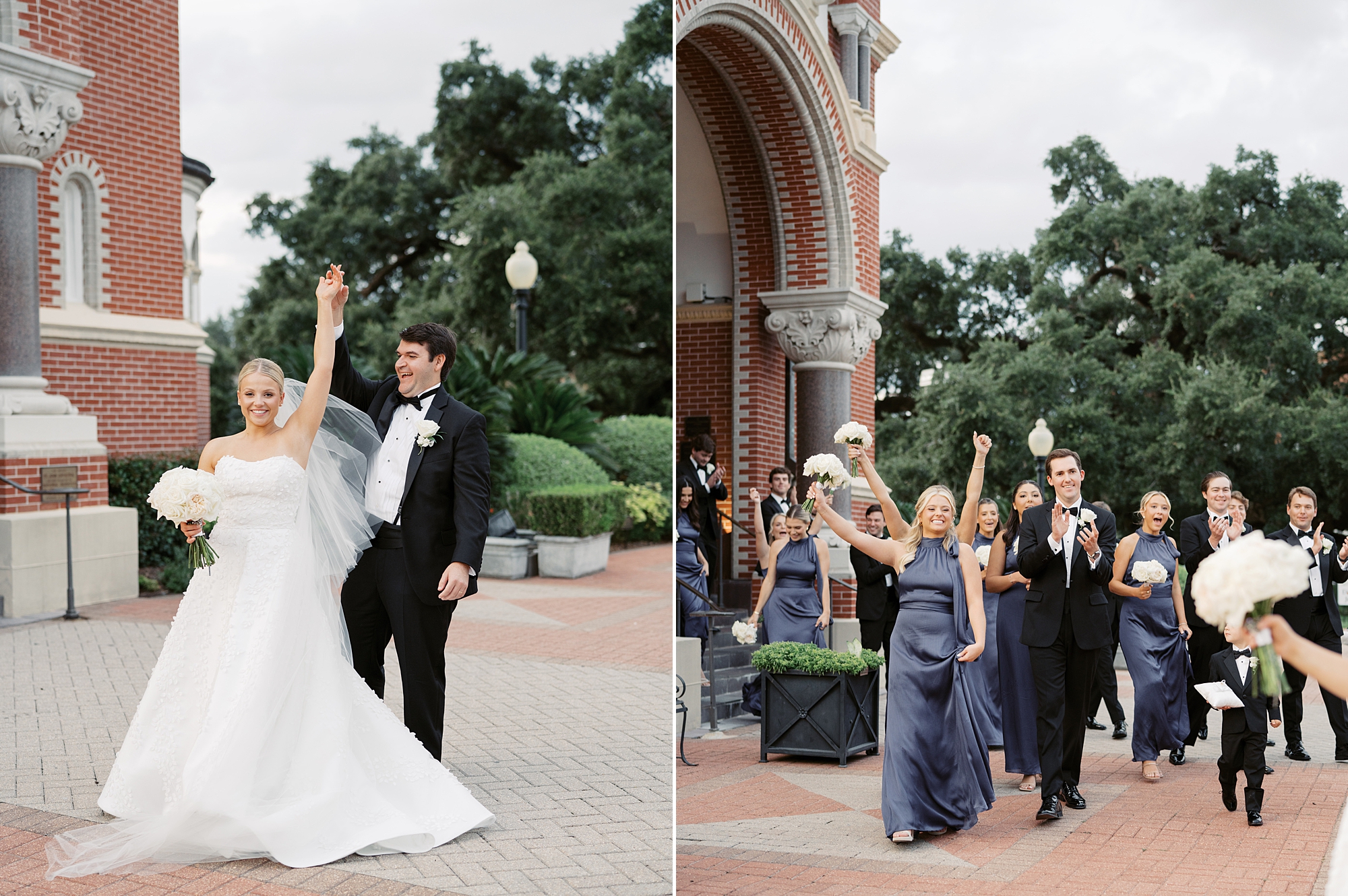 newlyweds cheer walking with bridal party outside Lafayette LA church 