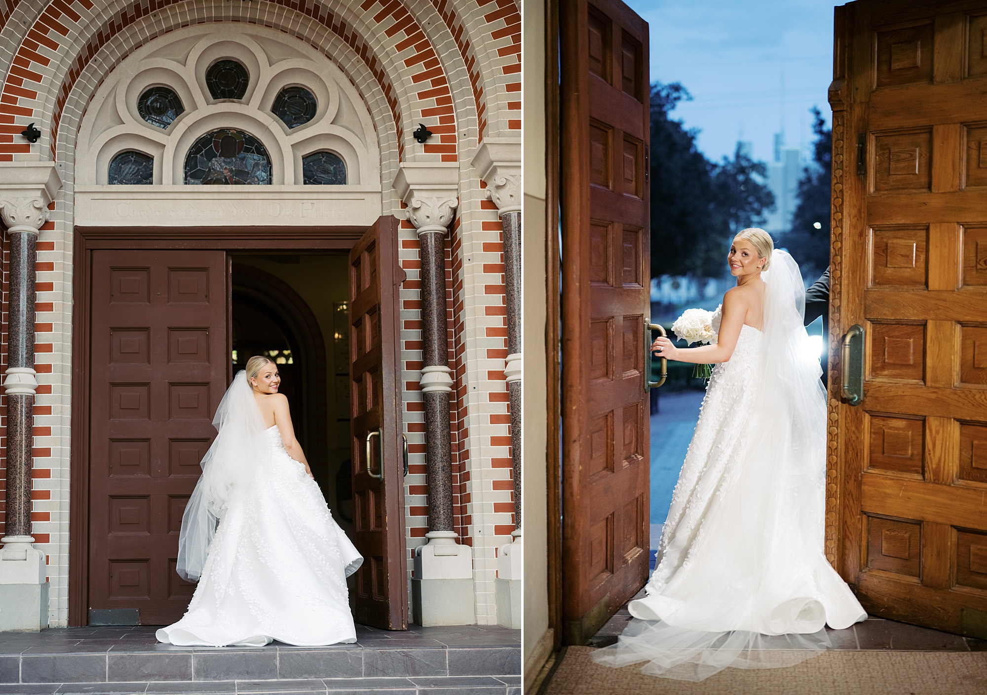 bride poses in doorway of St. John's Cathedral in Lafayette LA