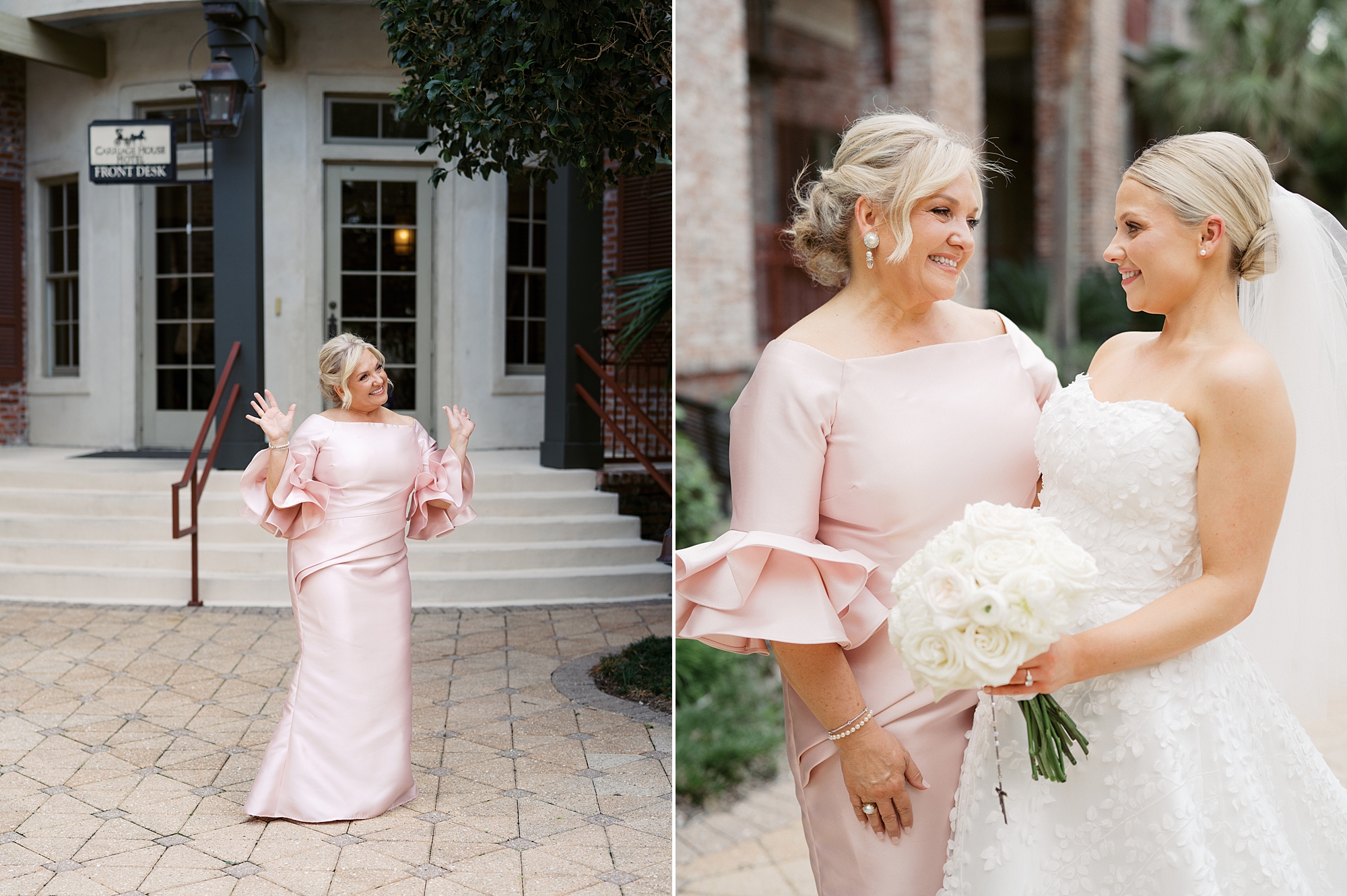 mother of the bride in pink dress smiles at daughter 