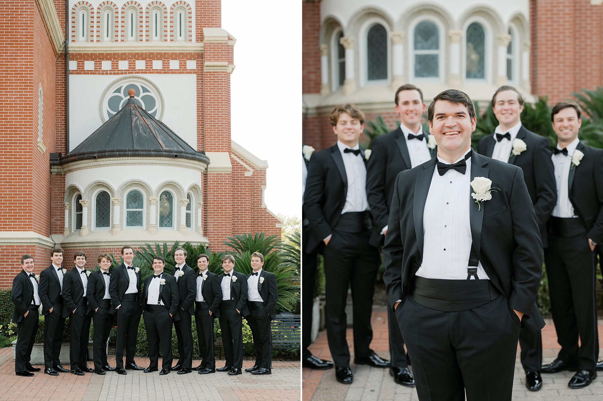 groom stands with hands in pockets of black tux with groomsmen behind him