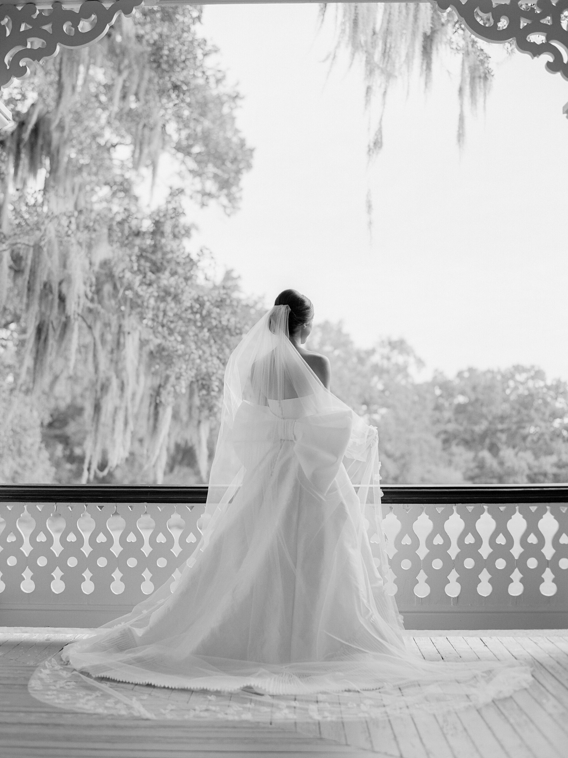 bride looks out past weeping willow and Spanish moss at Rip Van Winkle gardens