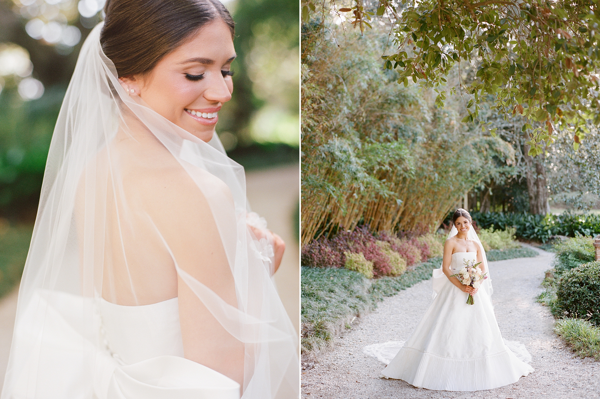 bride smiles turning looking over shoulder with veil wrapped around her