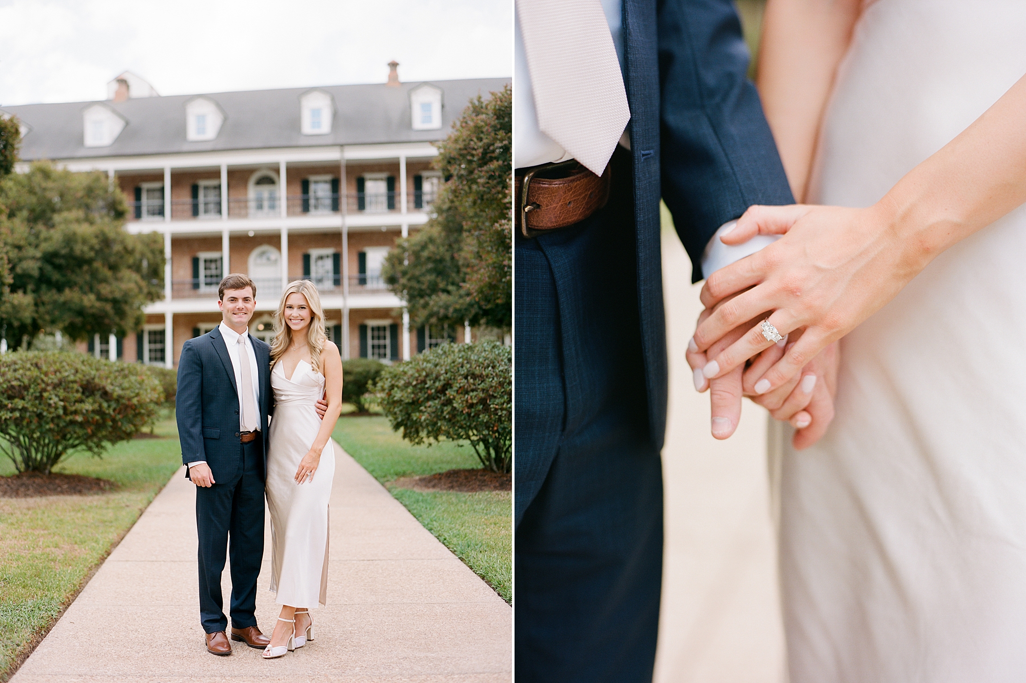 engaged couple holds hands walking outside historic home in Louisiana 