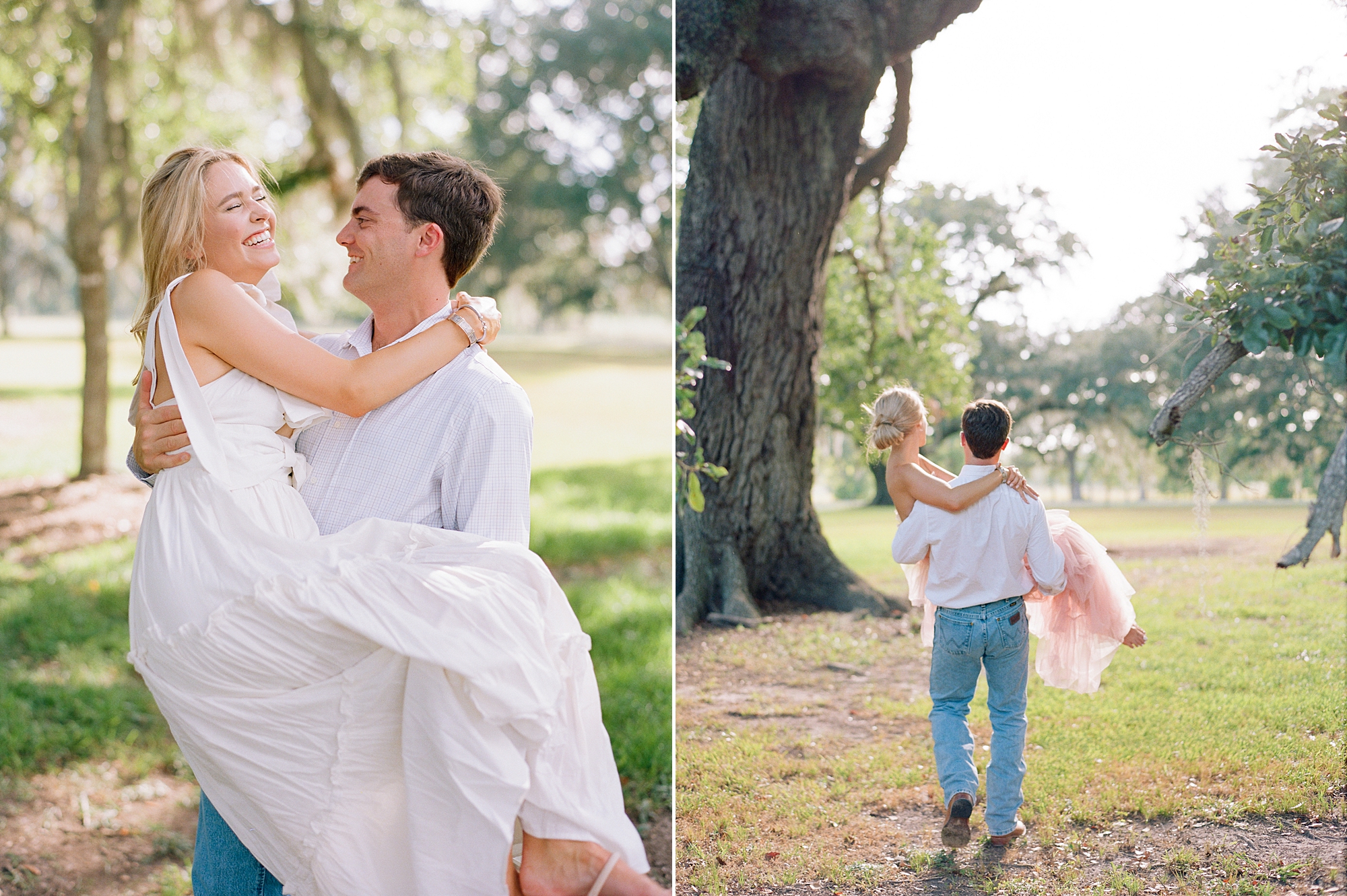 man carries fiancee in dresses on lawn at Sacred Heart of Grand Coteau