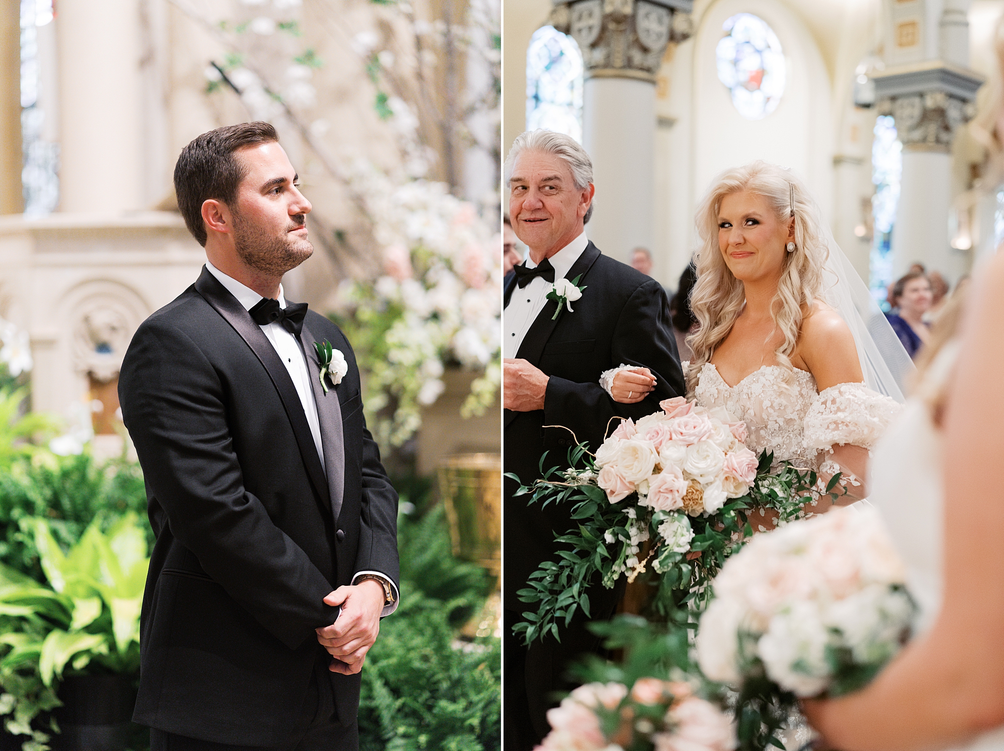 groom watches bride walk down aisle for traditional ceremony at Cathedral of St. John