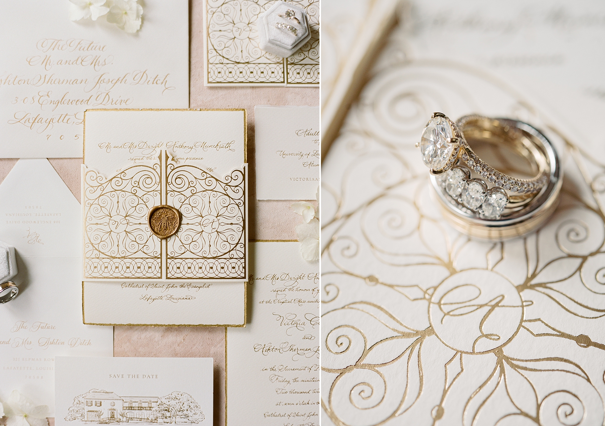 gold and ivory invitation suite with wax seal and wedding rings resting on paper 