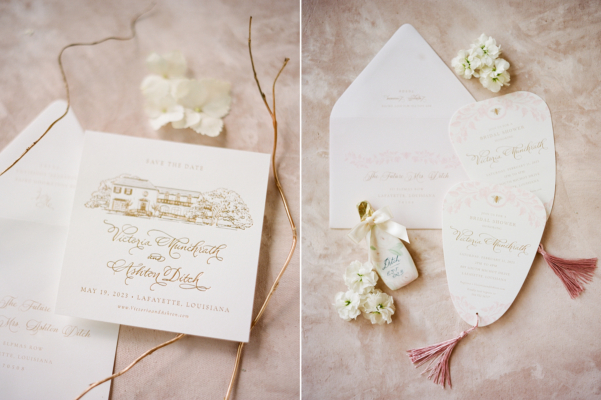 gold and white invitation suite for spring wedding at the University of Louisiana at Lafayette