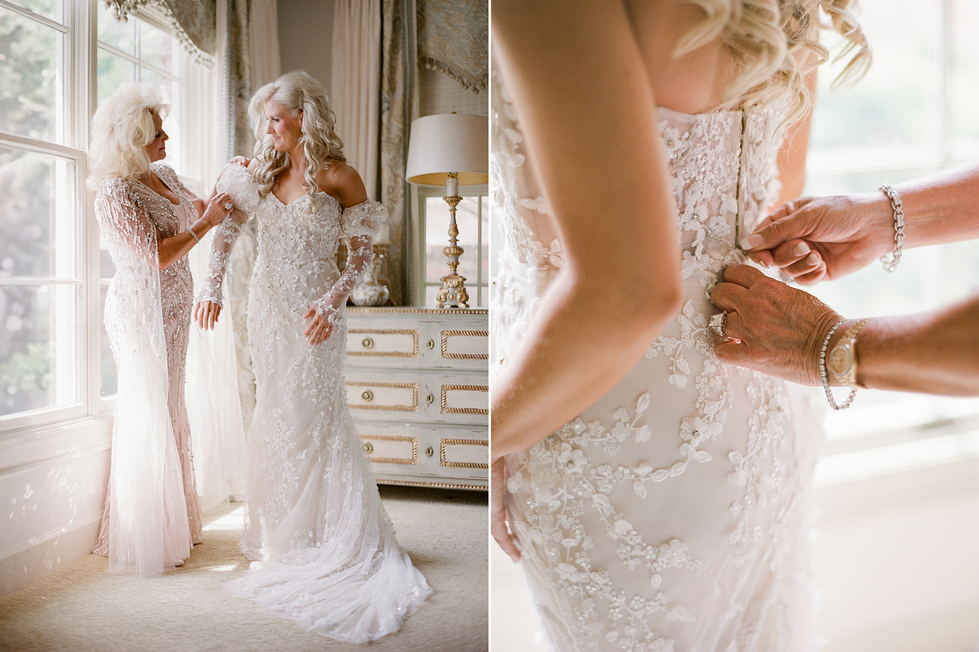 mother buttons up bride in wedding gown at the University of Louisiana at Lafayette