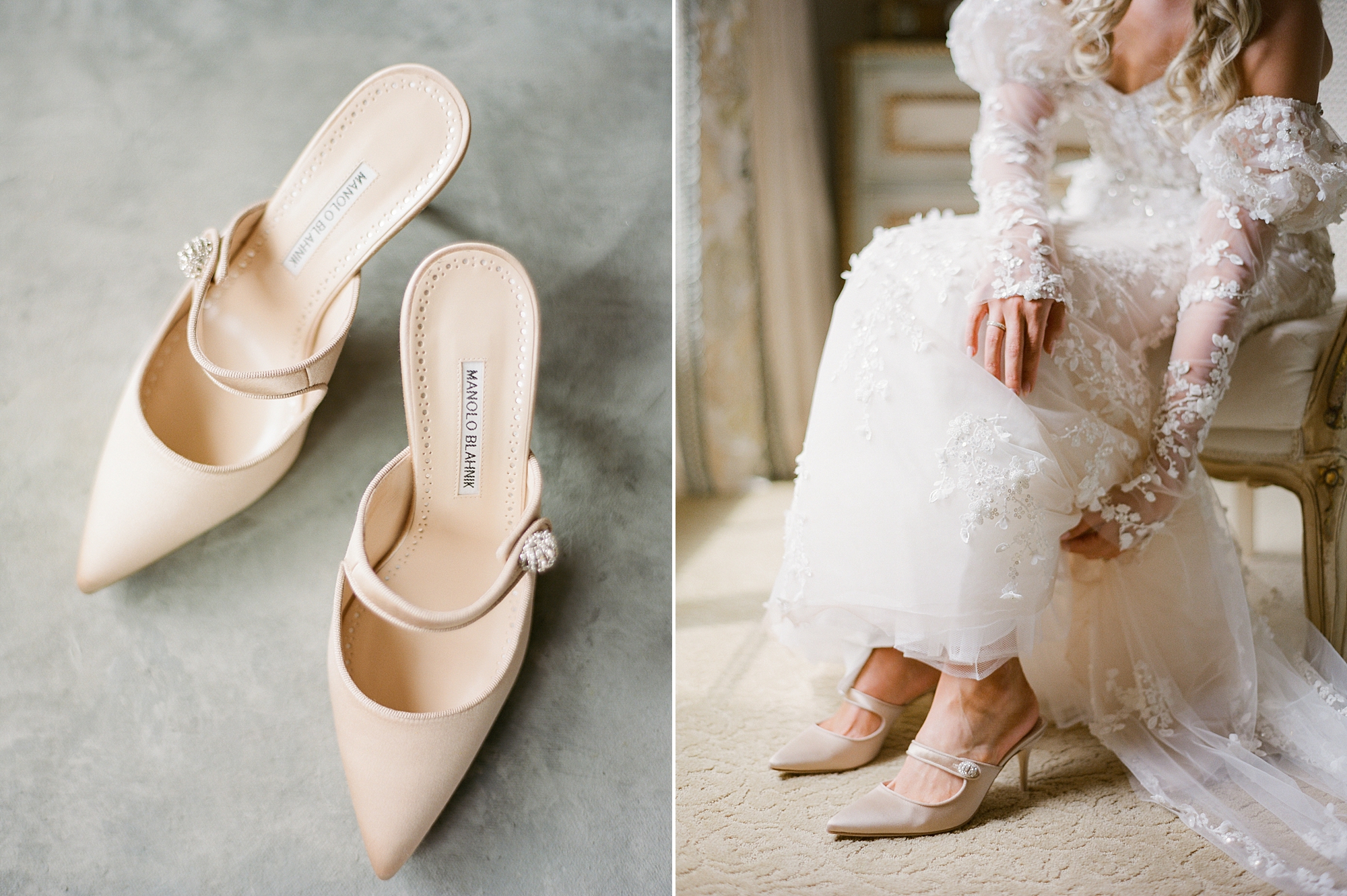 bride puts on ivory shoes for Lafayette wedding day 