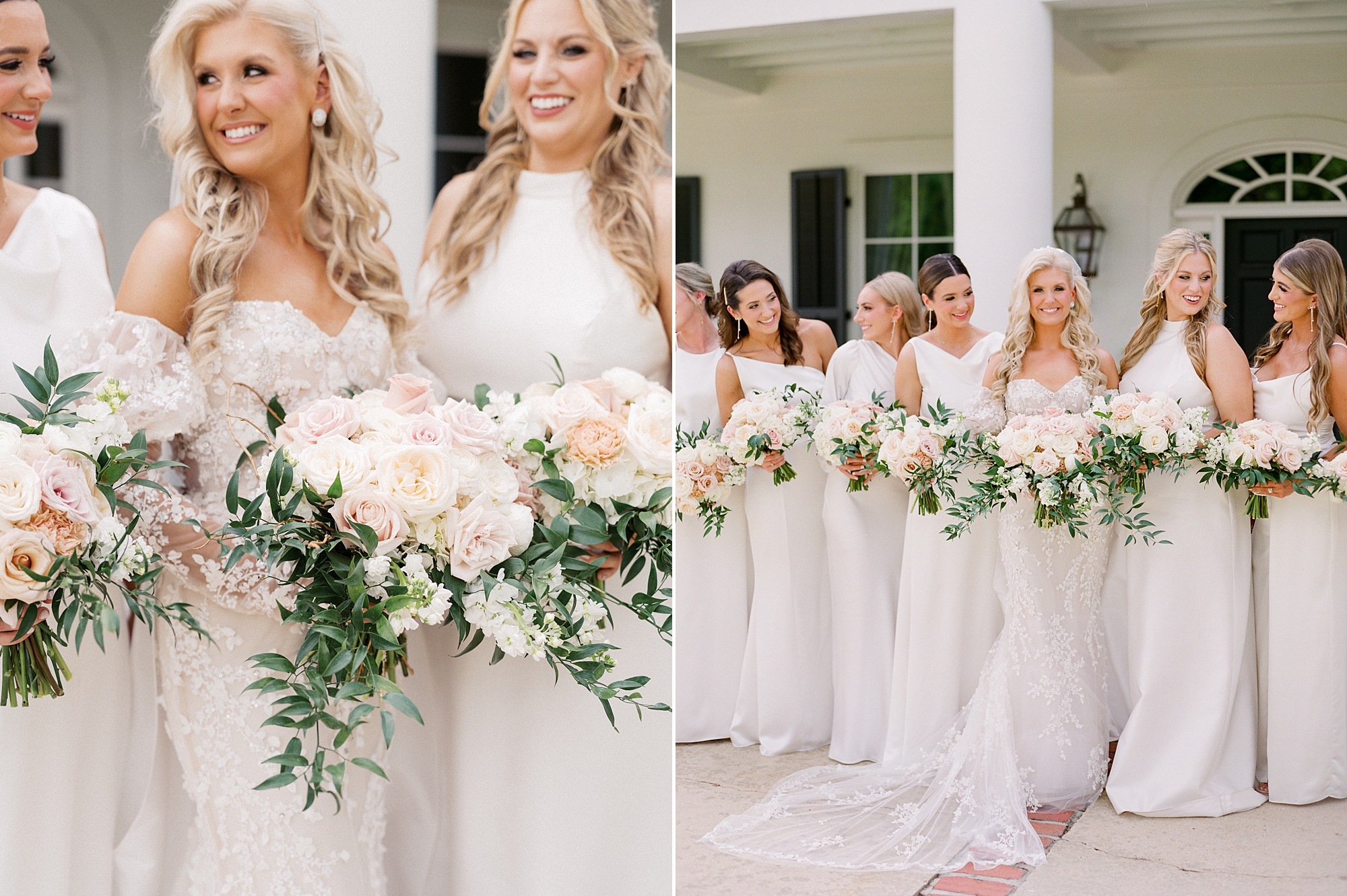bride and bridesmaids in ivory gowns pose outside the University of Louisiana at Lafayette alumni center