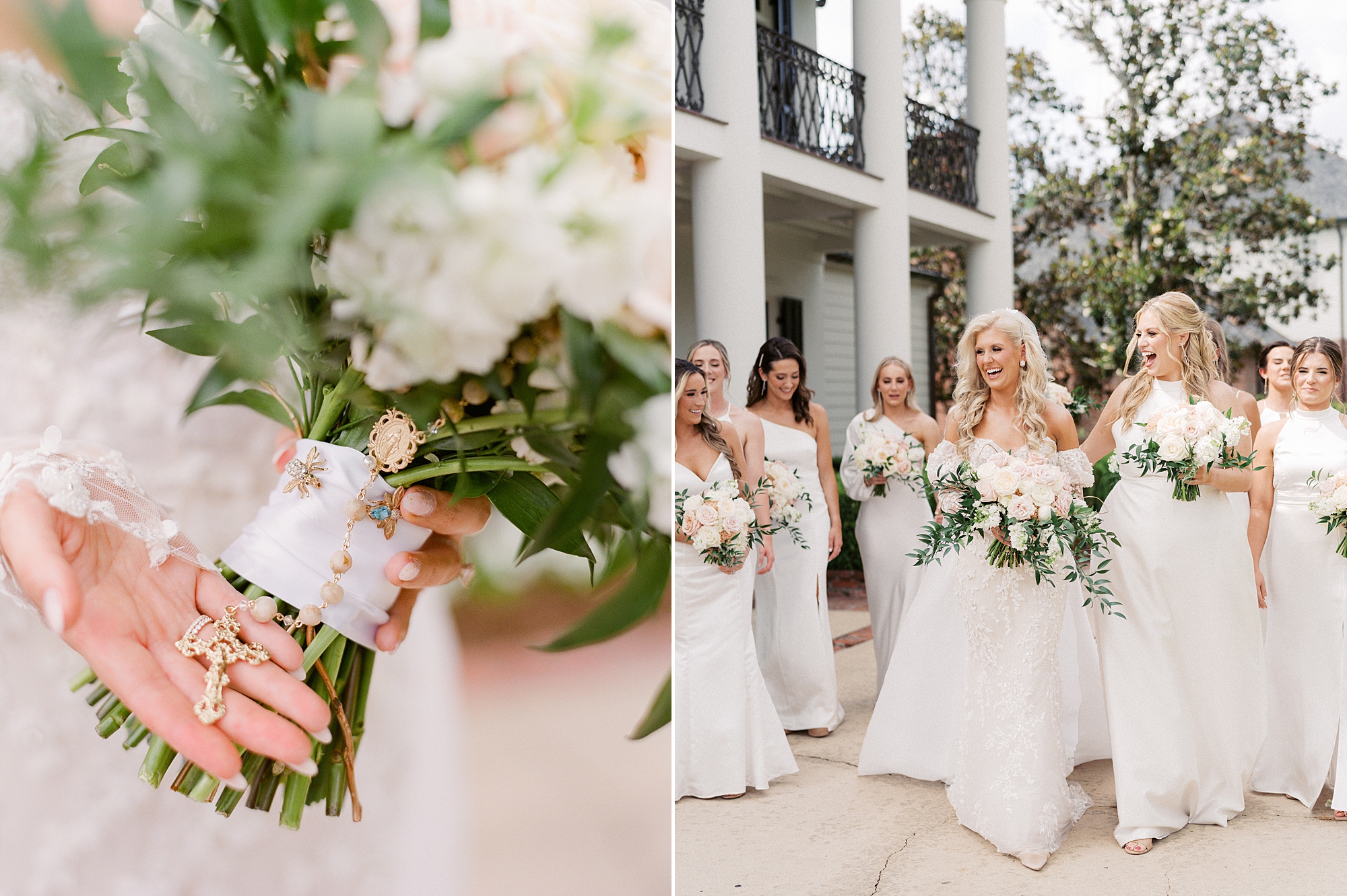 bride holds bouquet of ivory flowers with charms 