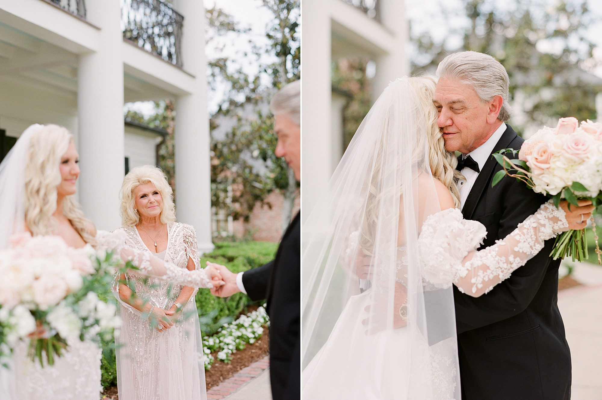 bride and father hug during wedding day first look outside the University of Louisiana at Lafayette alumni center