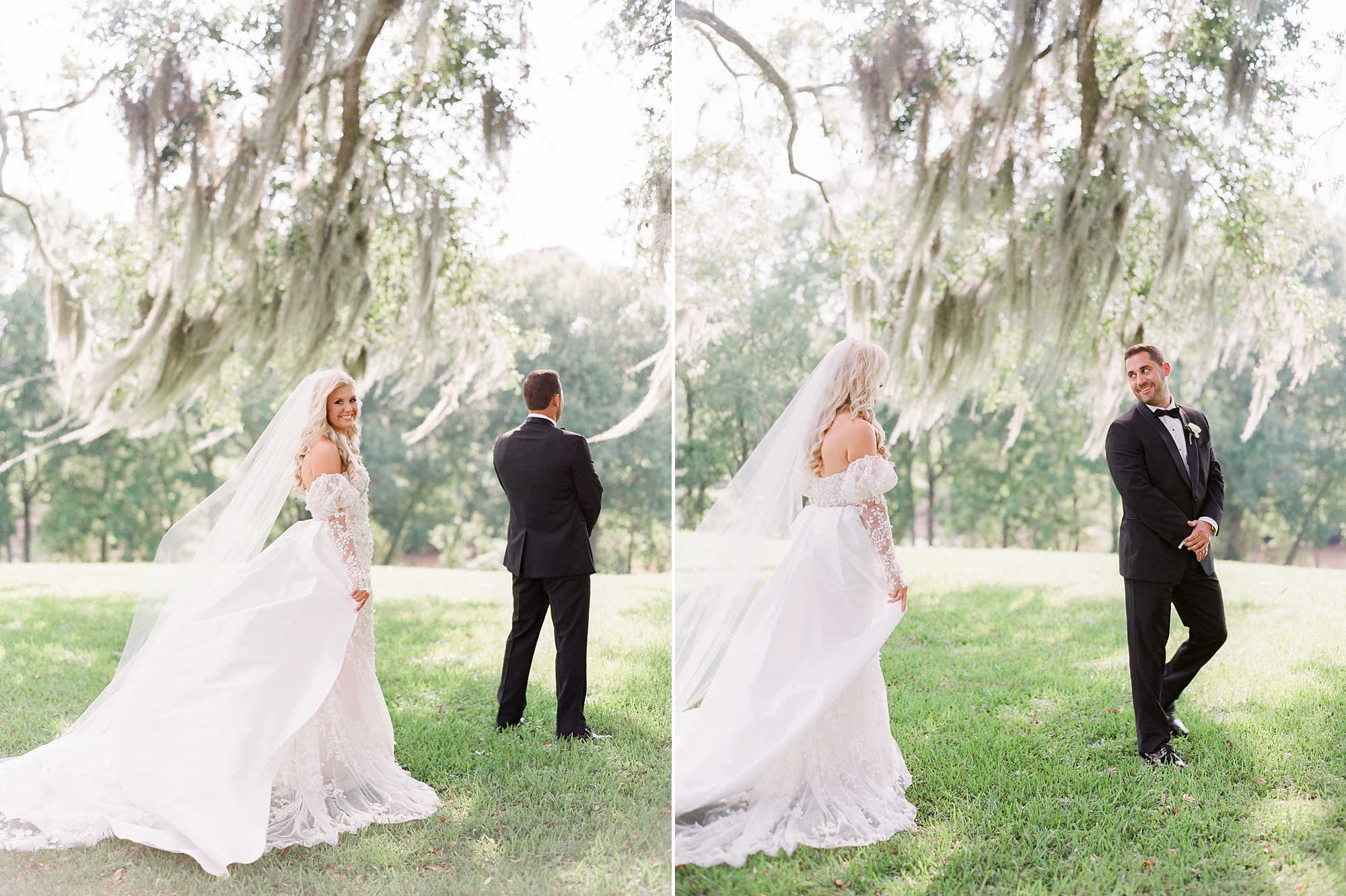 bride approaches groom for first look under Spanish moss at the University of Louisiana at Lafayette alumni center