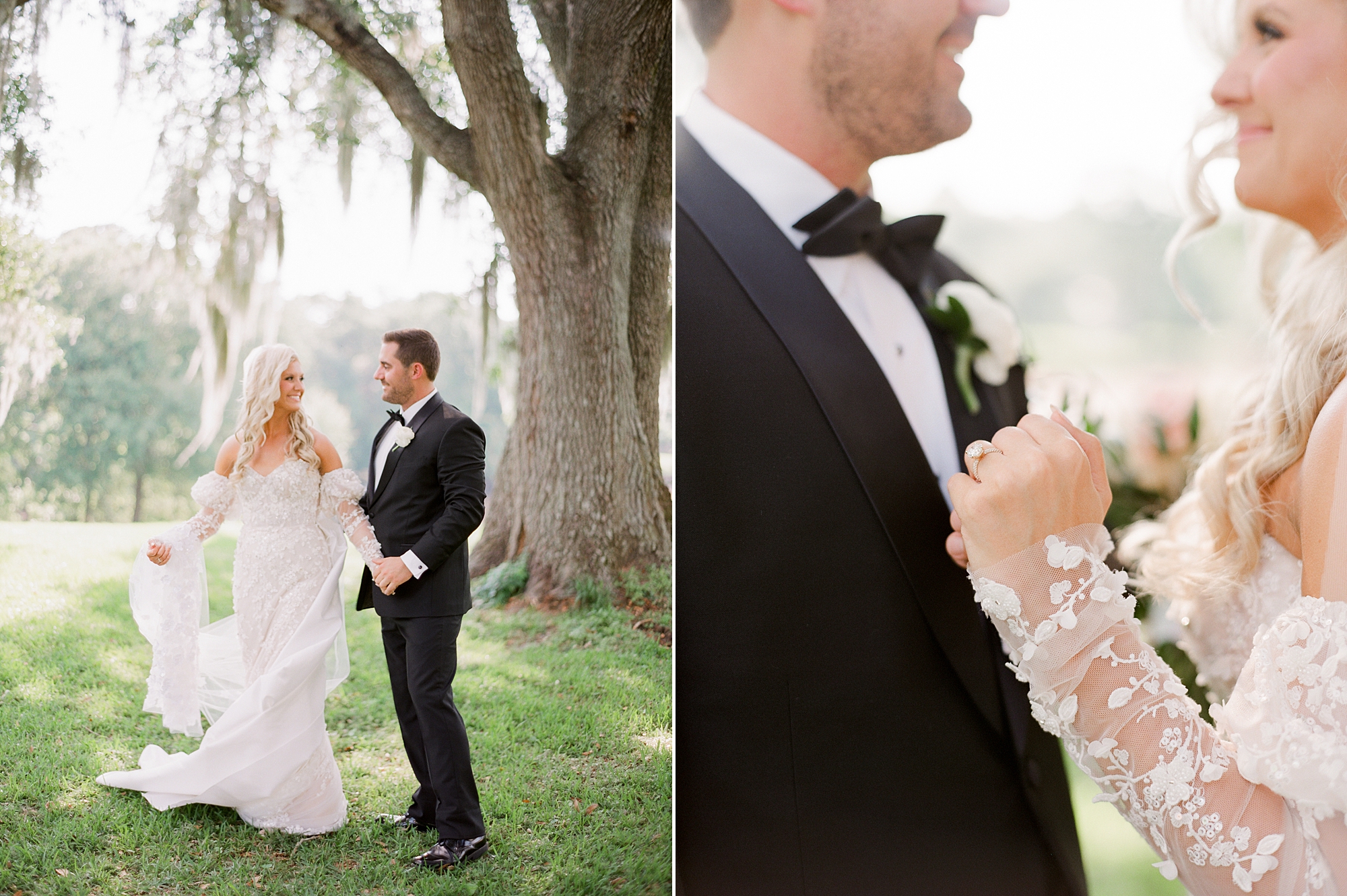 bride and groom hug under tree with Spanish moss outside the University of Louisiana at Lafayette alumni center