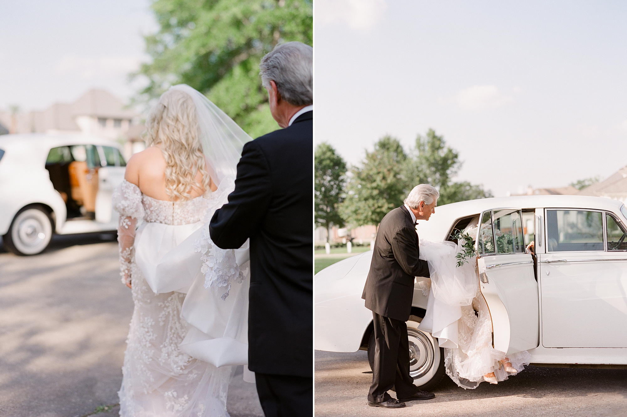 father helps bride out of classic car on wedding day