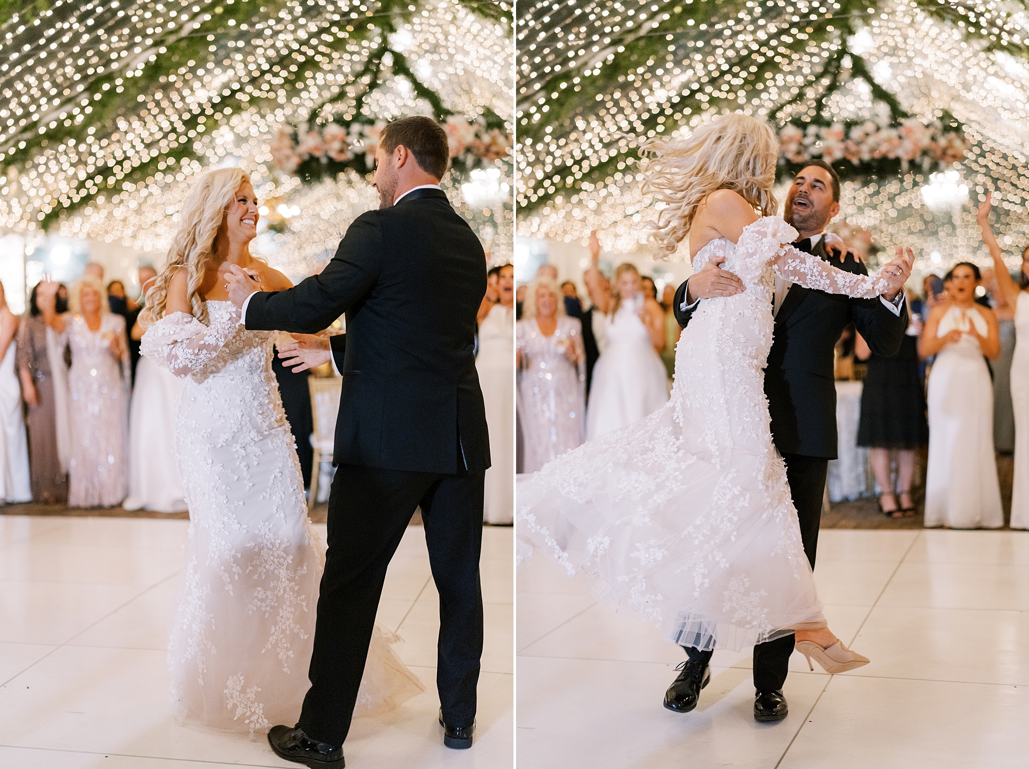 bride and groom twirl on dance floor under tent 