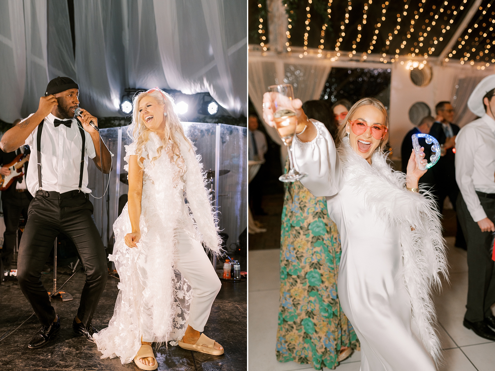 bride dances in feather boa during reception 