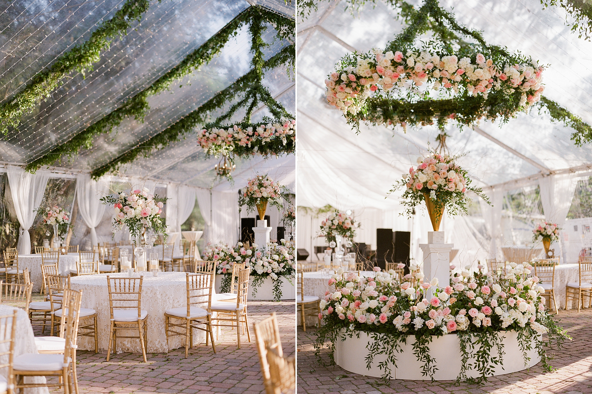 hanging floral installation with white and pink roses from tent ceiling 