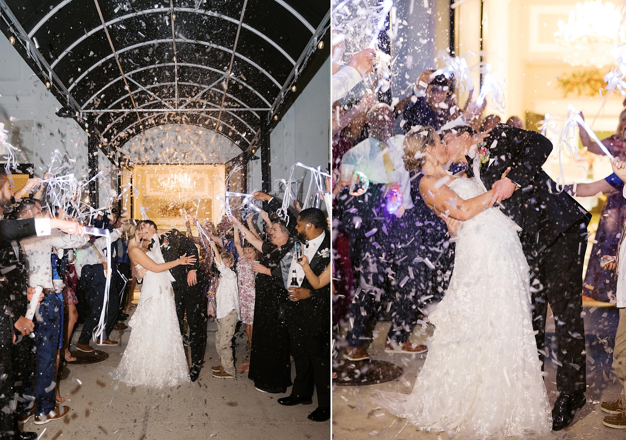 bride and groom kiss outside Le Pavilion Hotel during confetti exit 