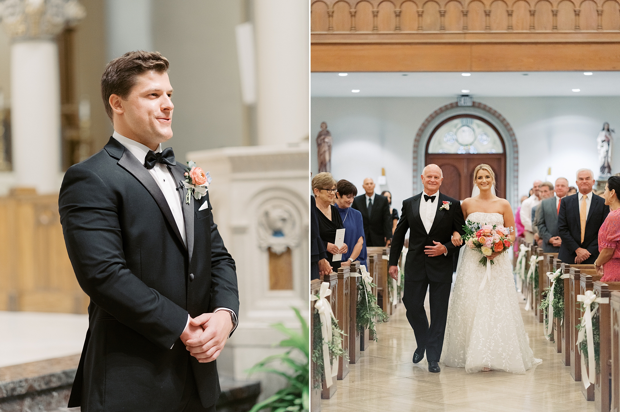 bride walks down aisle with father inside the Cathedral of St. John the Evangelist