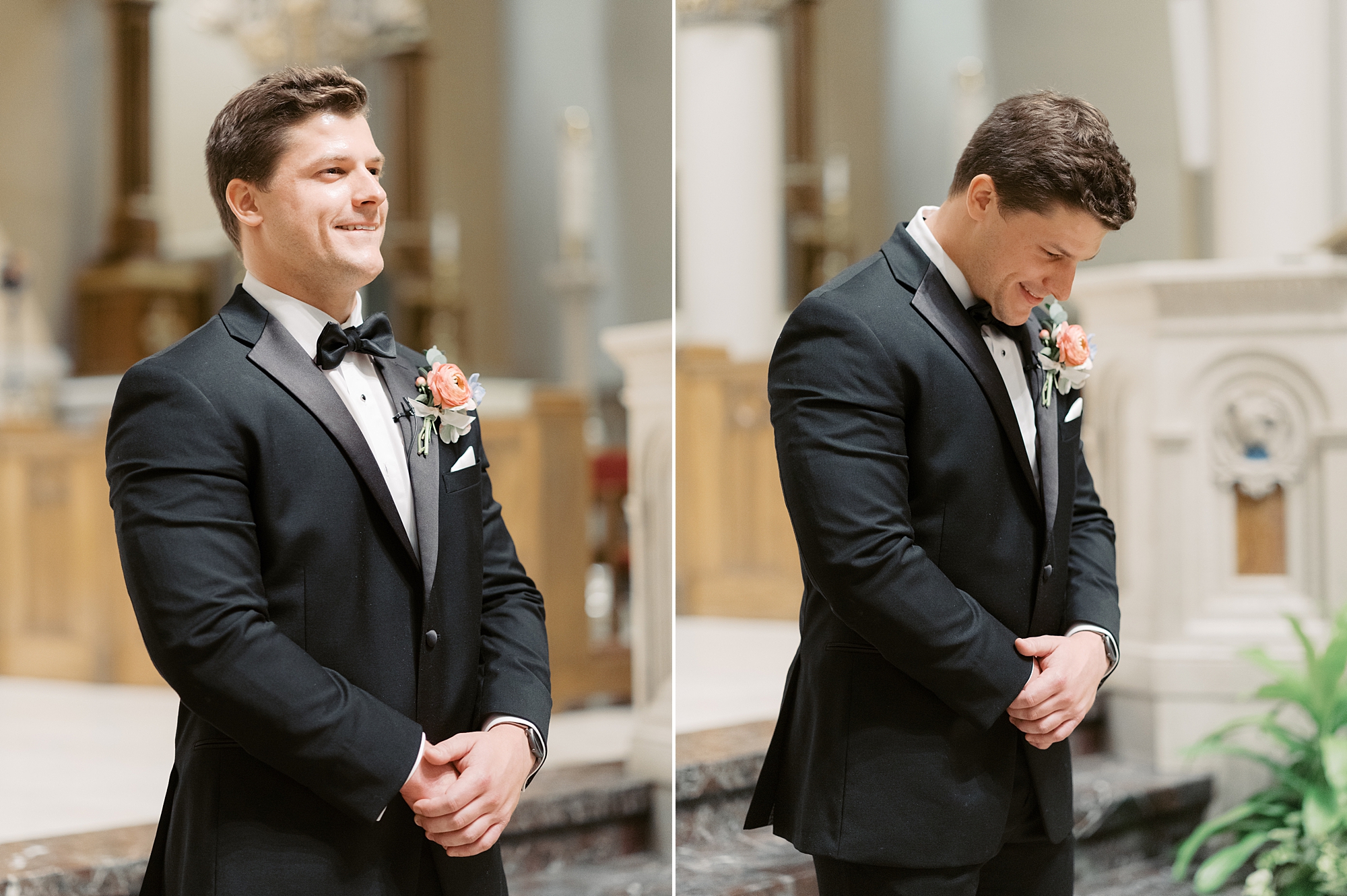 groom cries watching bride walk down aisle at the Cathedral of St. John the Evangelist