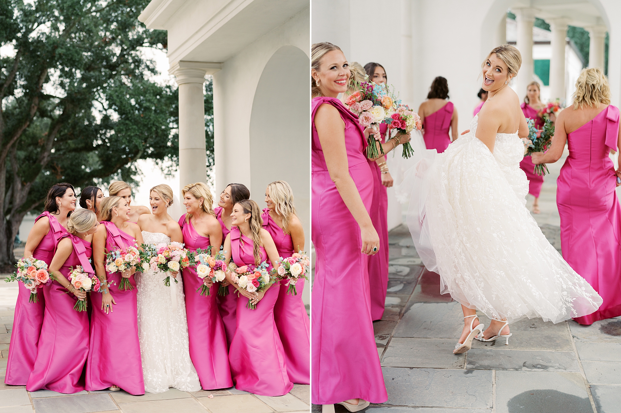 bride walks up steps with bridesmaids  in pink gowns in courtyard of Lafayette LA