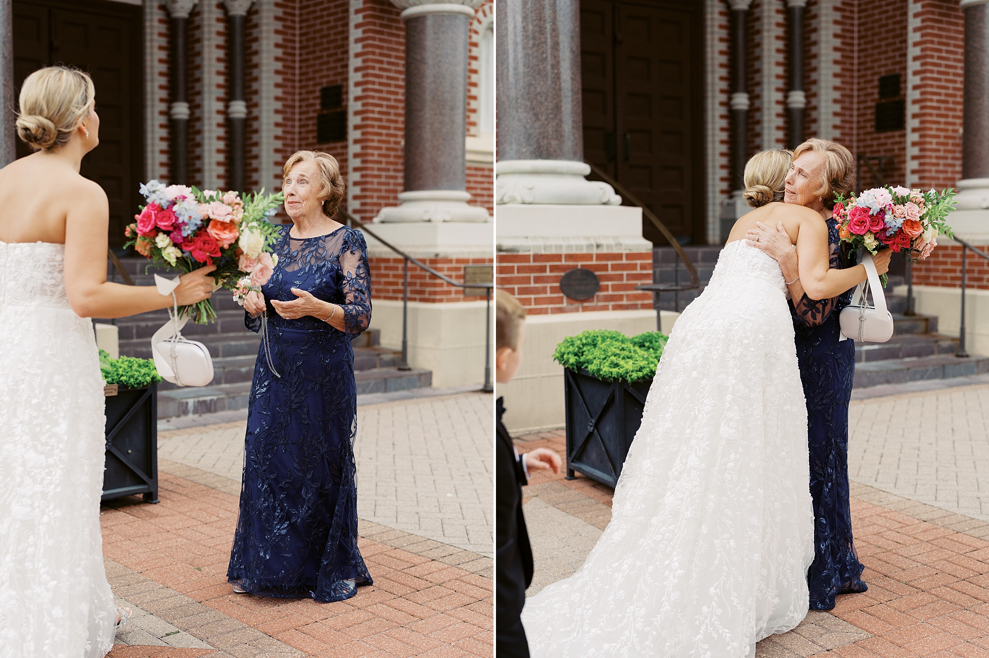 bride hugs woman in blue gown at the Cathedral of St. John the Evangelist