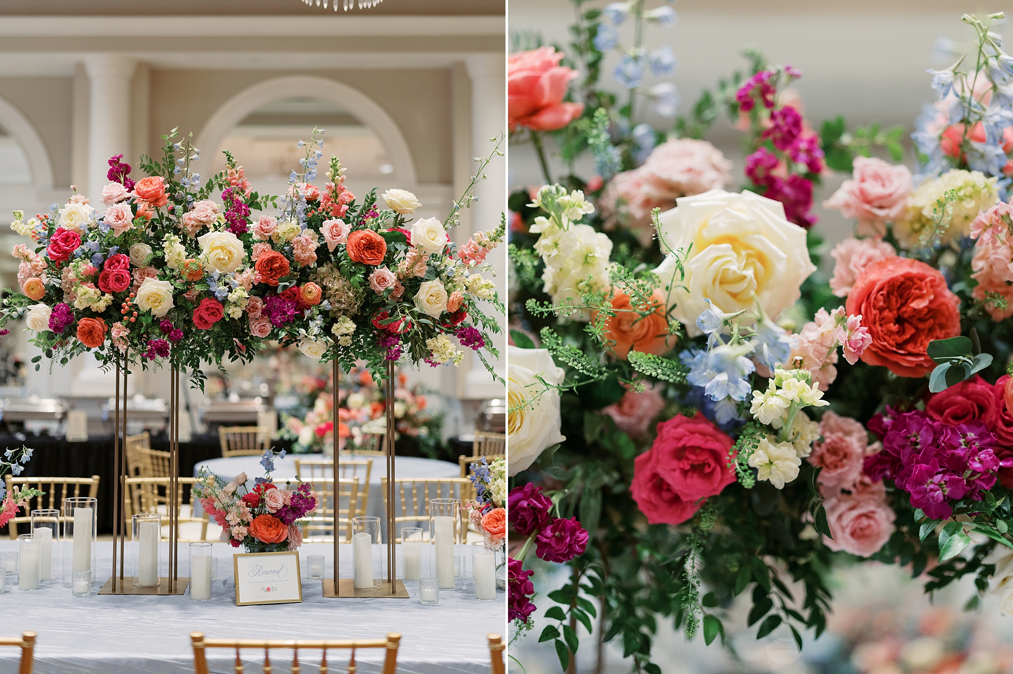 bright floral arrangement for Le Pavilion Hotel wedding reception