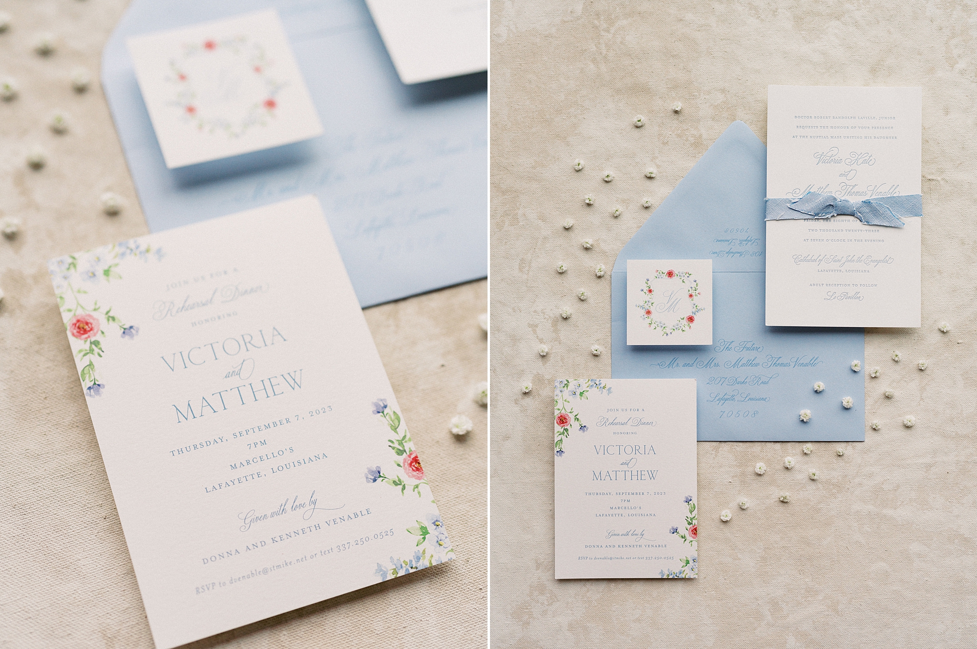 blue and white invitation suite for wedding at Lafayette LA