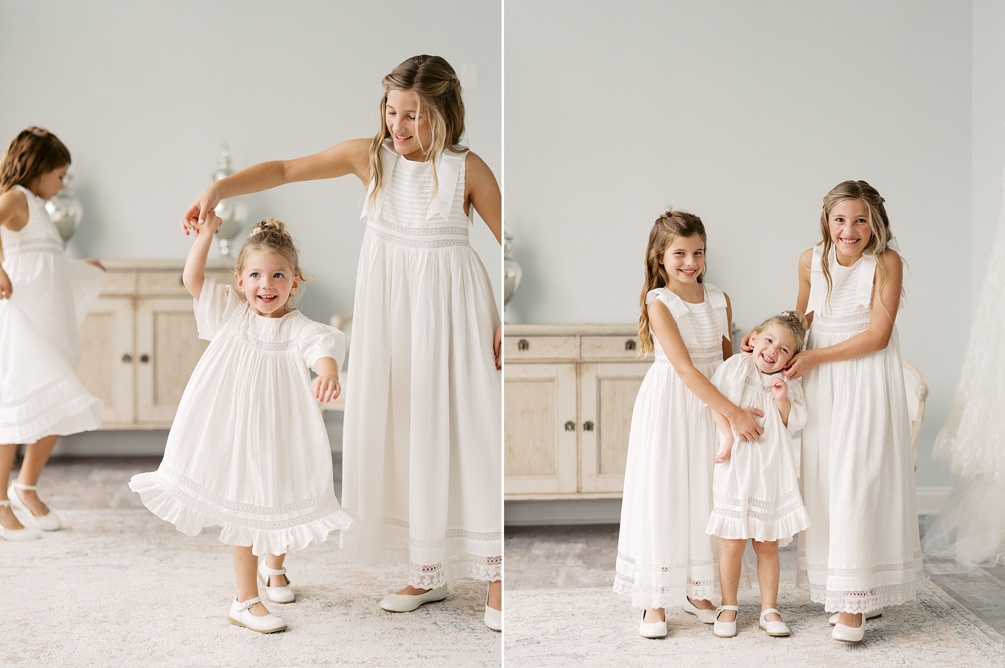 flower girls play in bridal suite on morning of NOLA wedding 
