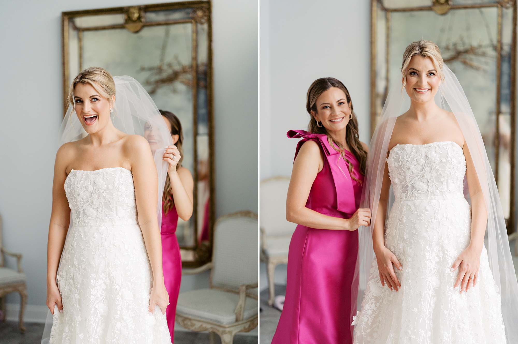 bride stands with bridesmaid in pink gown at Le Pavilion Hotel