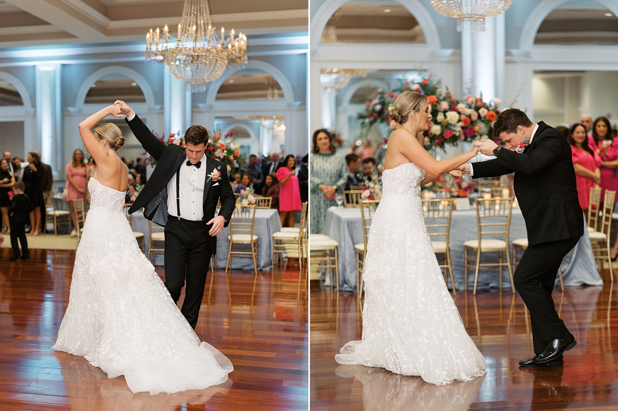 bride and groom dance during reception at Le Pavilion Hotel