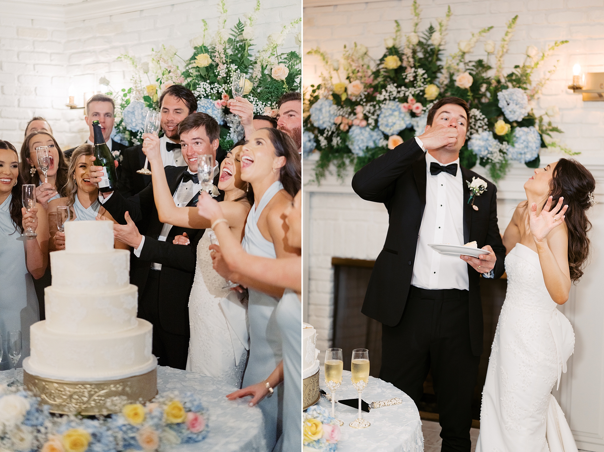 bride and groom eat cake and take shots with wedding party 