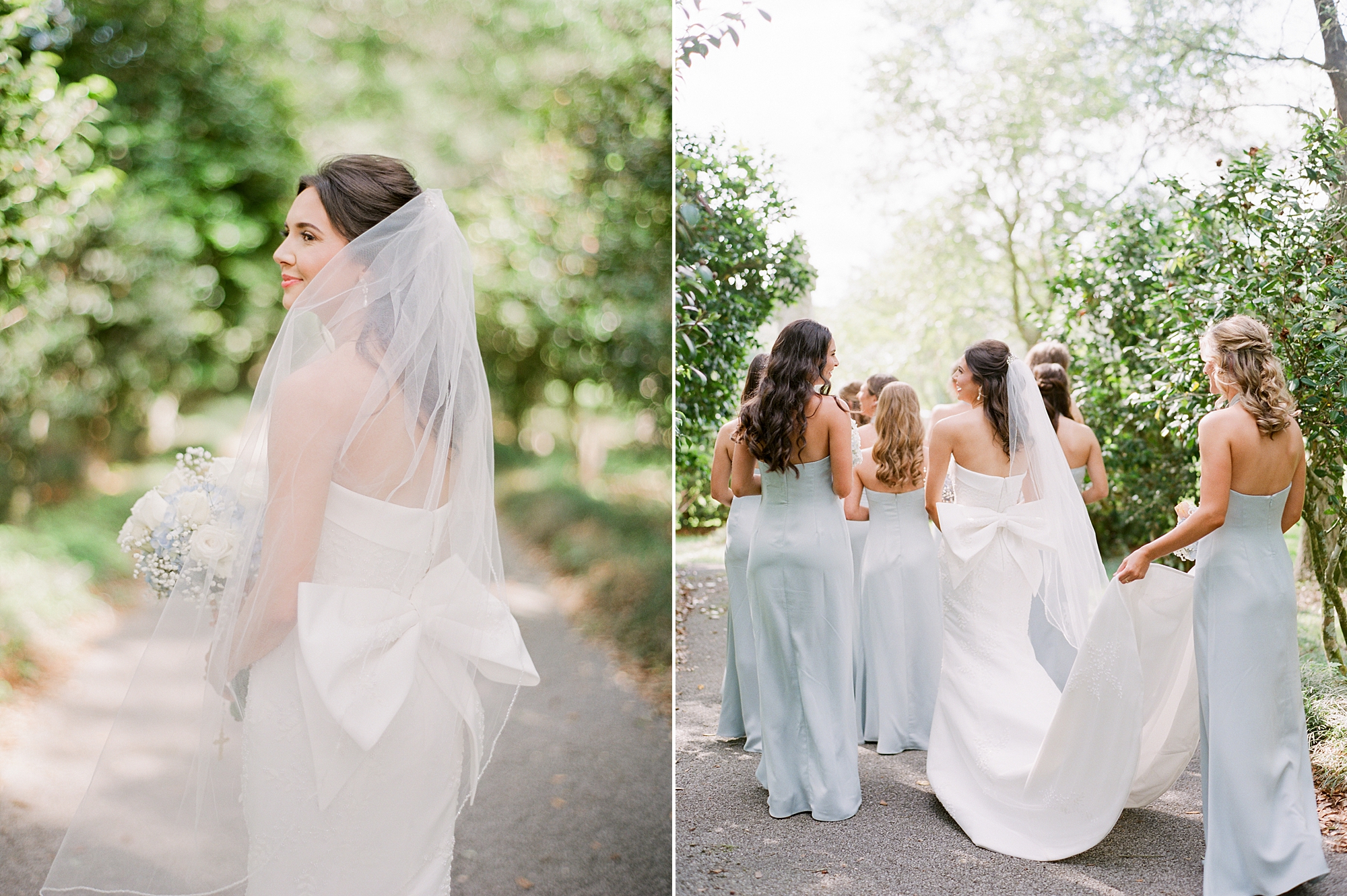 bridesmaids walk carrying bride's wedding dress outside Oakbourne Country Club
