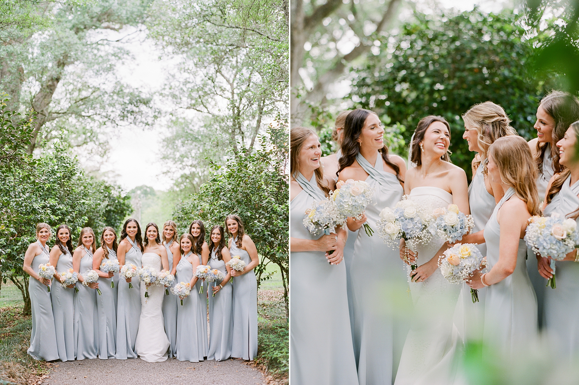 bride stands with bridesmaids in green gowns at Oakbourne Country Club