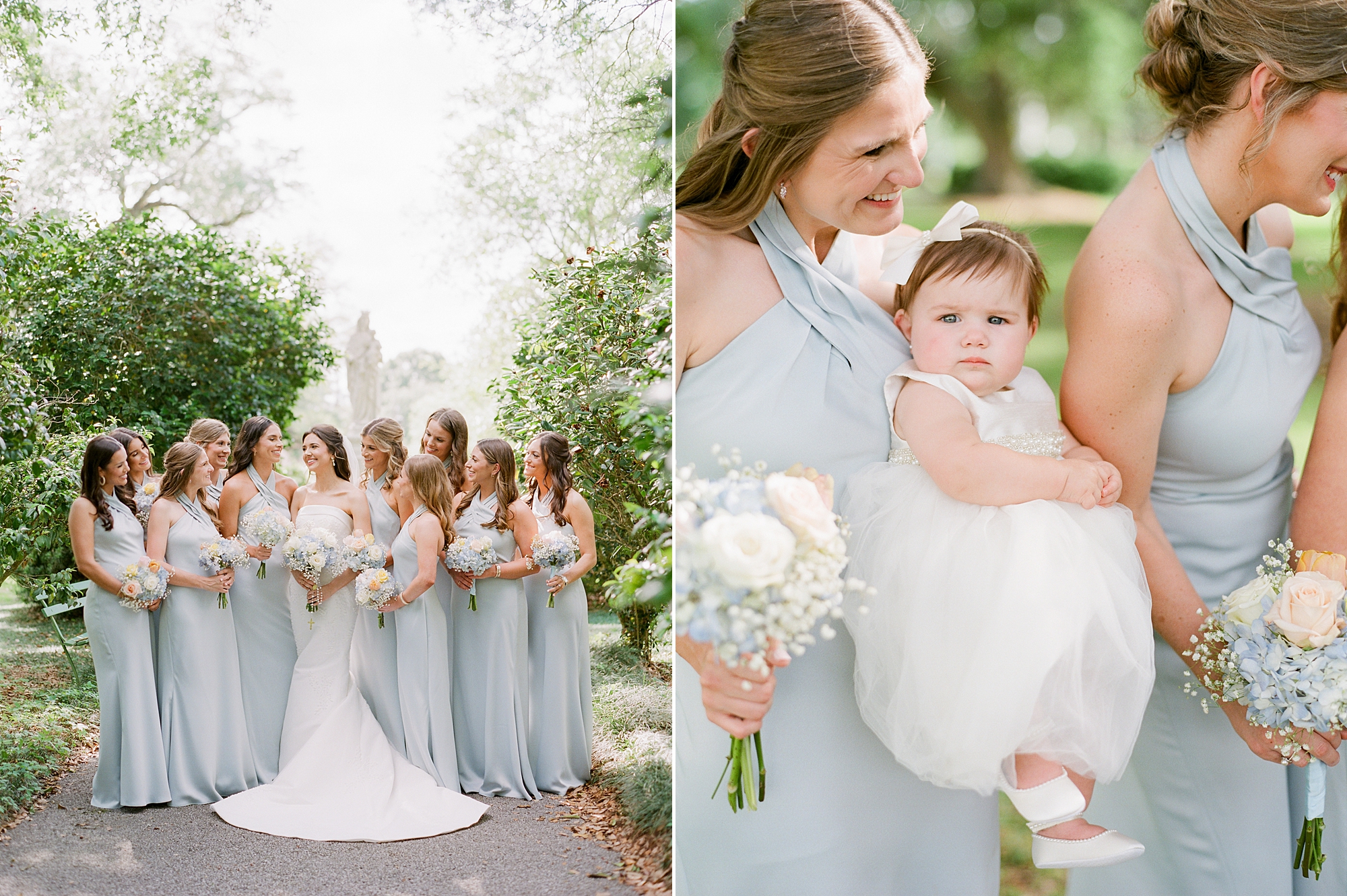 bridesmaids hold young flower girl in white dress in Lafayette LA