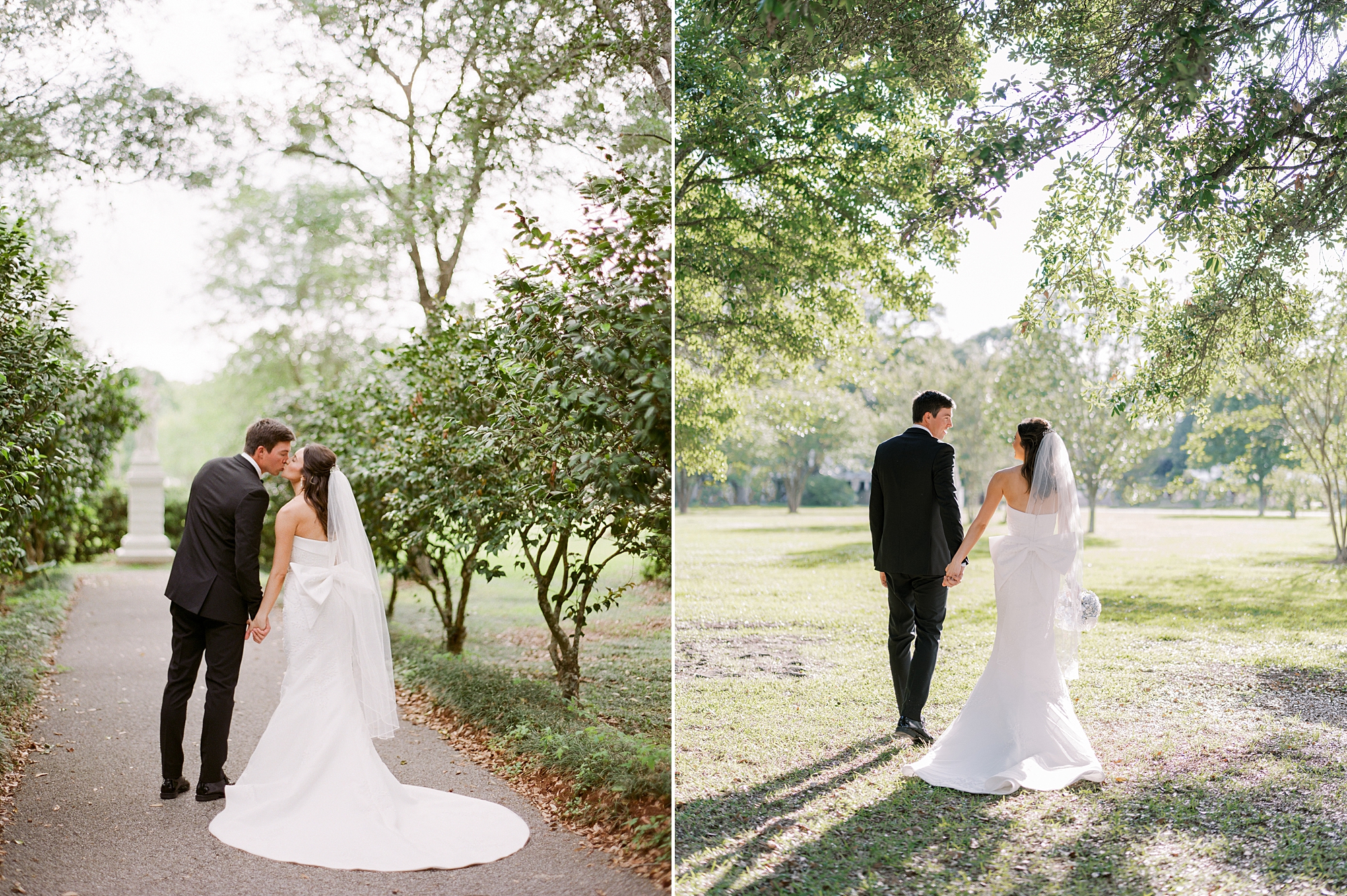 bride and groom walk along path outside Oakbourne Country Club