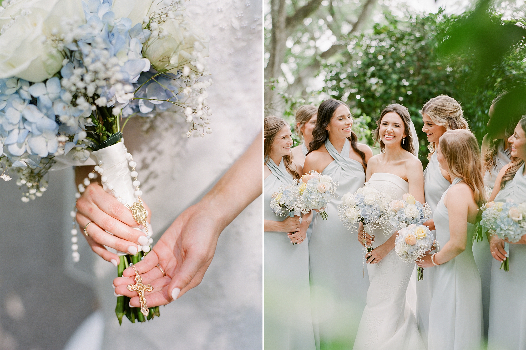 bride holds bouquet of blue flowers and baby's breath