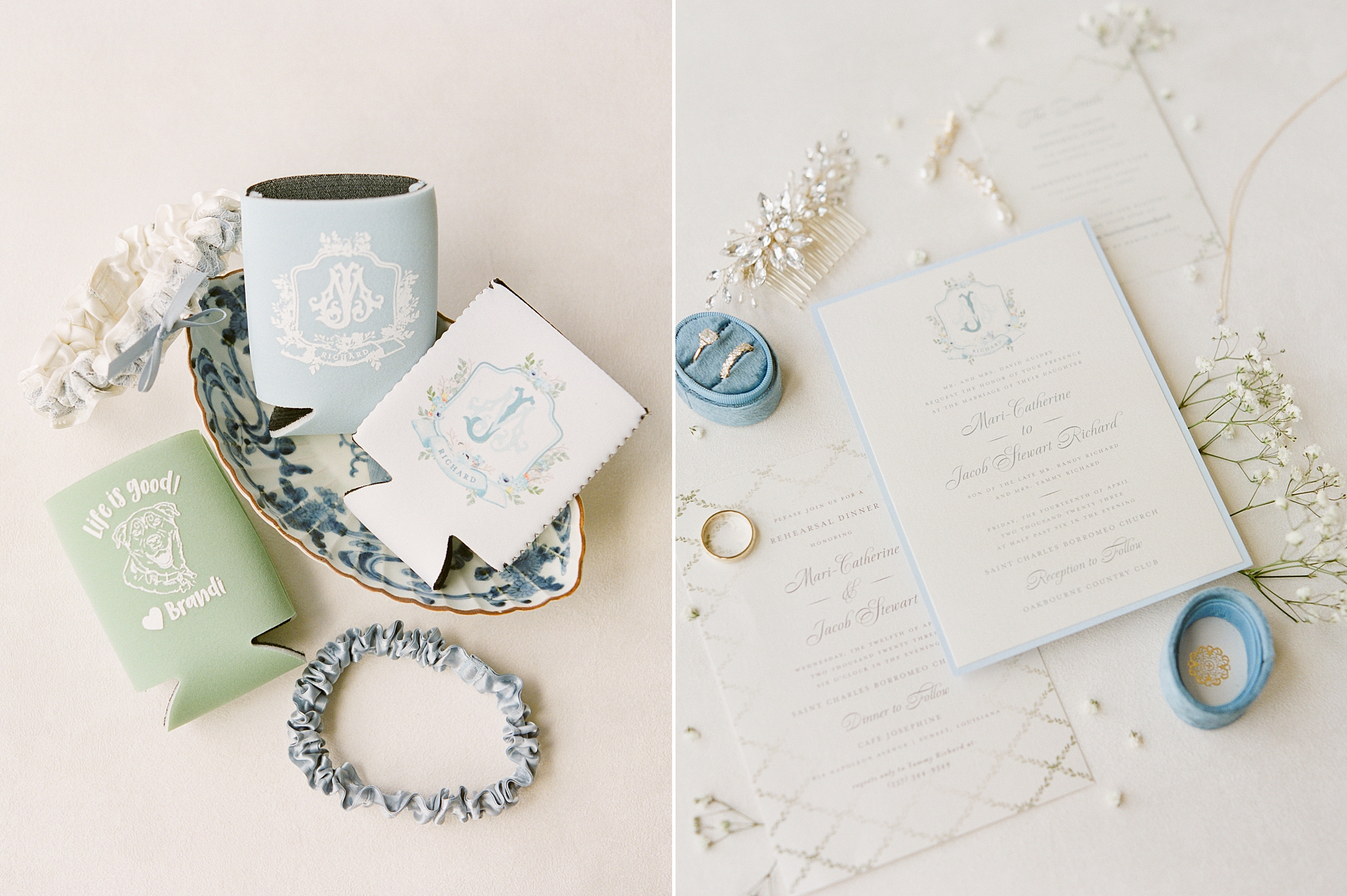 stationery and jewelry in blue box for Lafayette Louisiana wedding day
