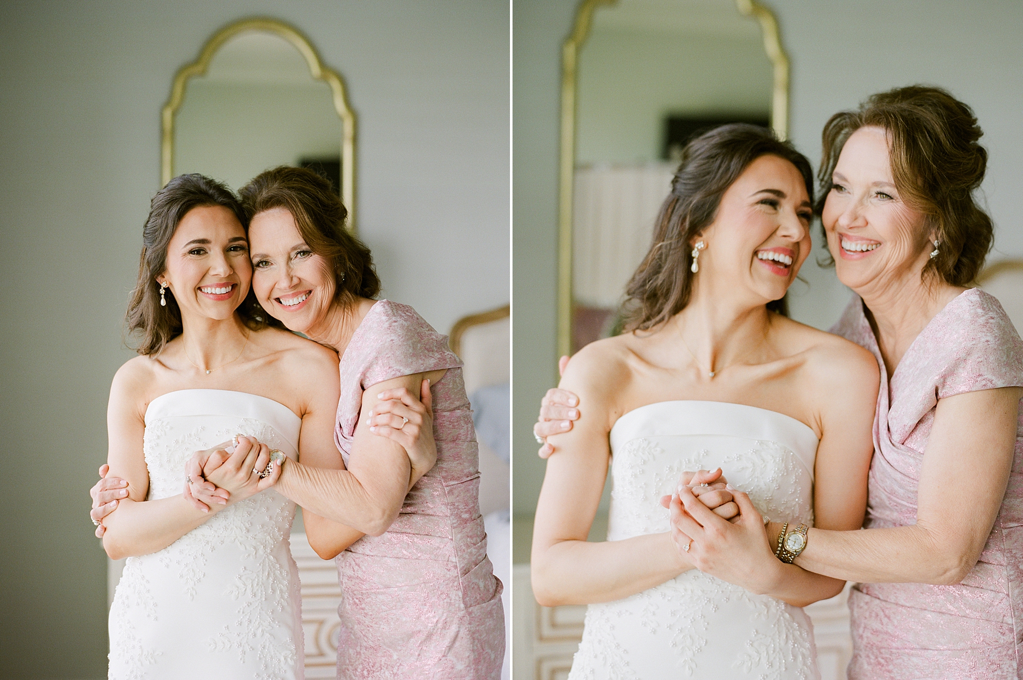 bride laughs with mother in pink gown preparing for Lafayette Louisiana wedding day