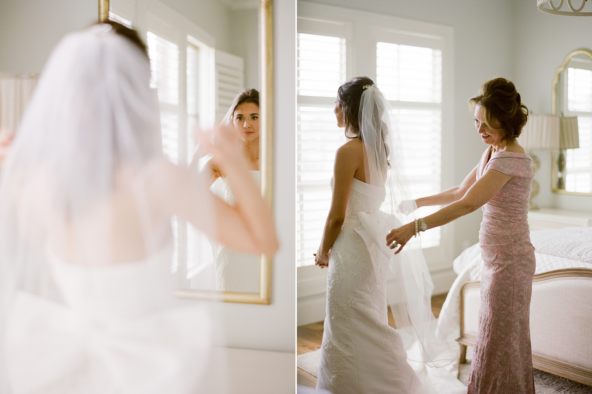 mother helps bride with veil and bow on gown before Lafayette Louisiana wedding day