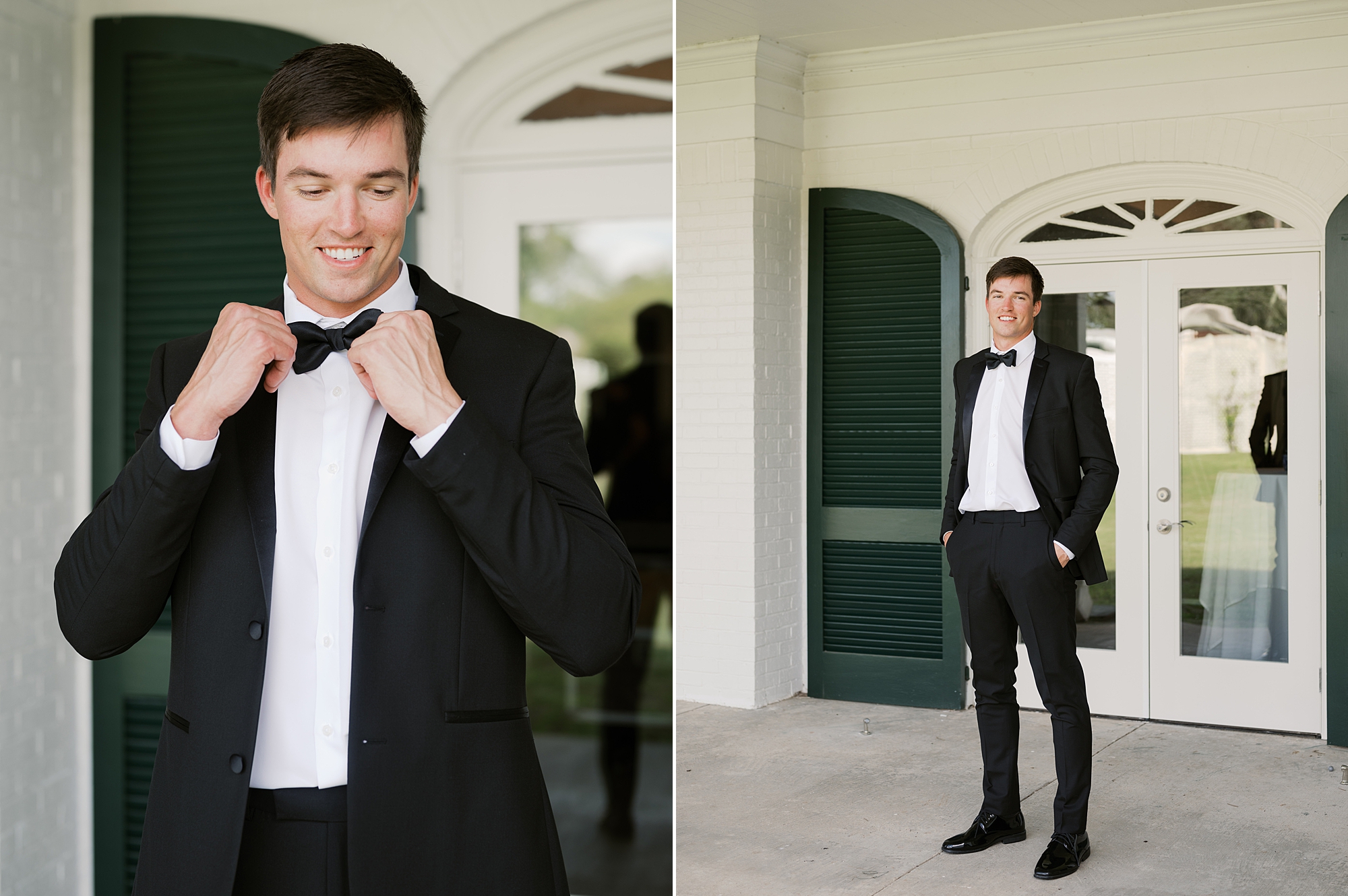 groom stands outside adjusting tie of suit on Lafayette Louisiana wedding day